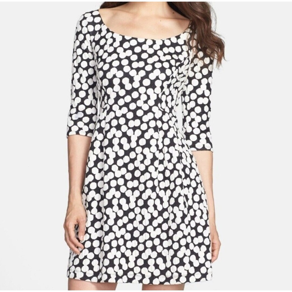 Betsy Johnson Black White Polka Dot 3/4 Sleeve Above Knee Dress Pockets Sz 8